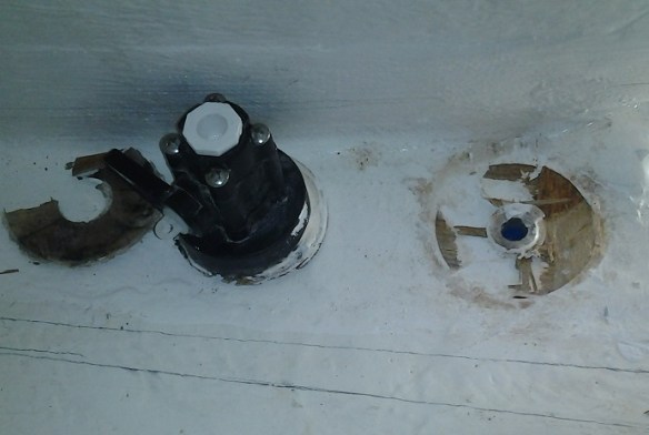 Thru-hull removed exposing hole in hull.